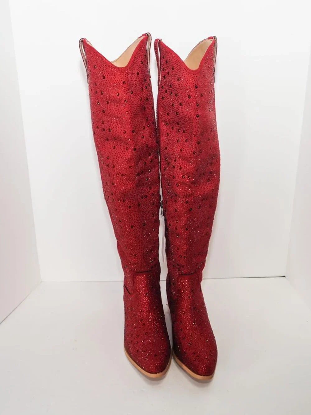 Women’s Red Over the Knee Cowgirl Boots Pointed Toe Thigh High Chunky Heel